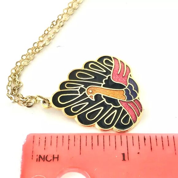 Vintage Cloisonné Peacock Pendant Necklace Enamel Gold Plated Purple Pink Black - Picture 11 of 11